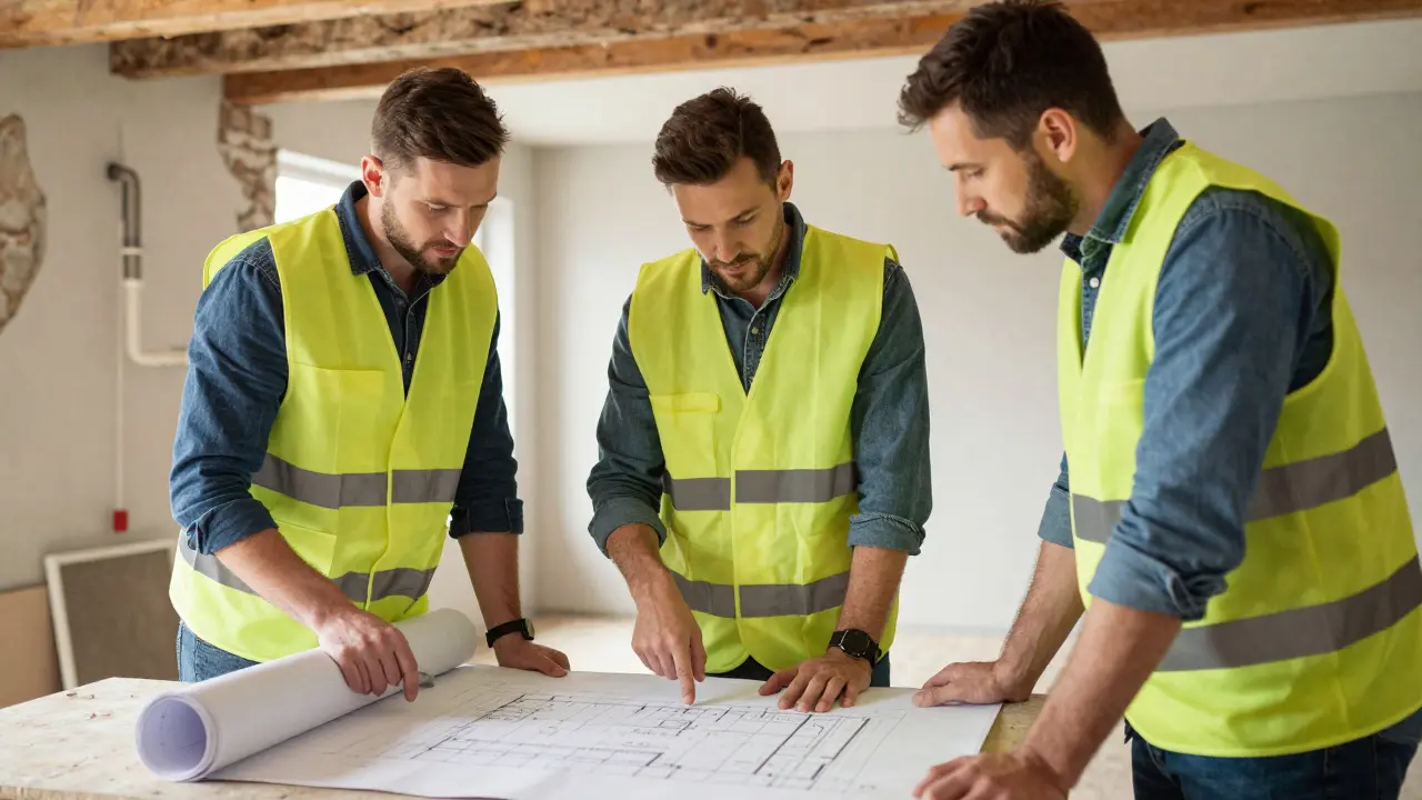 Handwerkerteam plant Renovierung gemeinsam um Vermeidung von Kollisionen.