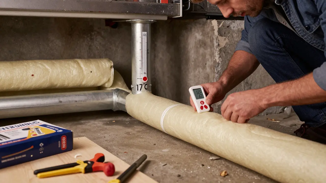 Heizungsrohre im Keller werden mit Isoliermaterial umwickelt, Hausbesitzer bei der Arbeit.