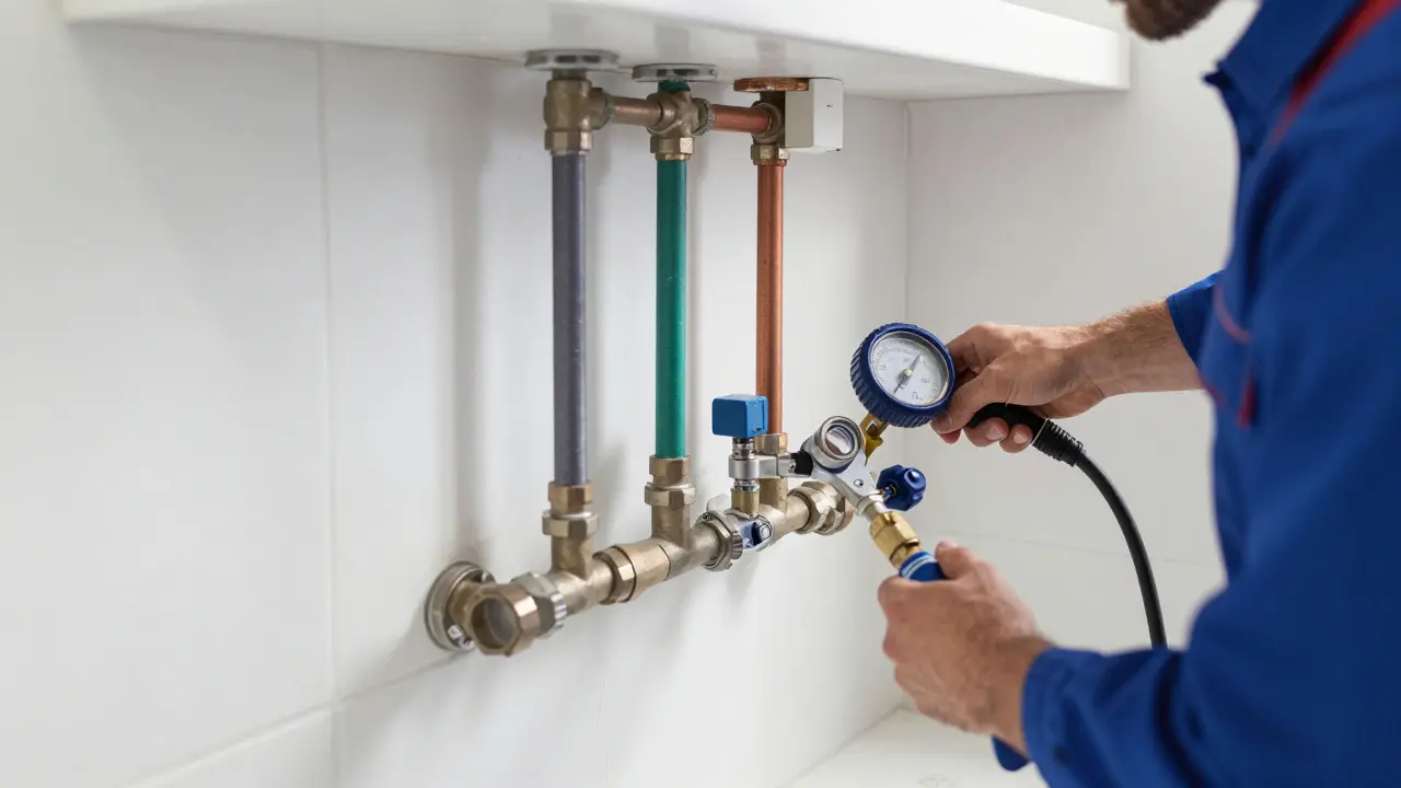 Installateur überprüft frisch verlegte Leitungen in einem unfertigen Raum.