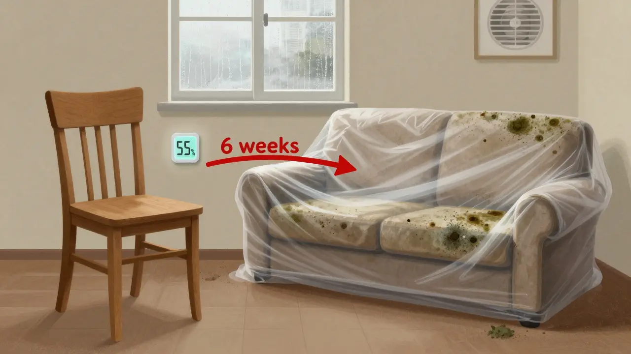 Konzeptbild: Gesunder Möbelstuhl mit Luftfeuchtigkeitssensor neben verschlossenem Schimmel-Möbel in Müllsack.