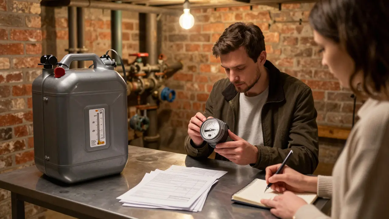 Mann liest Wasserzähler in einem Keller, Frau notiert Werte, neben ihm liegen Unterlagen und ein Heizöltank.