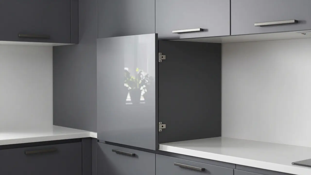 Modern gestrichene dunkelgraue Küchenschränke mit edlen Griffformen, glatt lackierte Oberfläche und sanftes Tageslicht im Raum.
