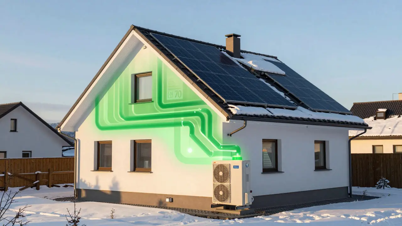 Modernes österreichisches Haus mit Wärmepumpe, Solarthermie und Energieeffizienz-Label.