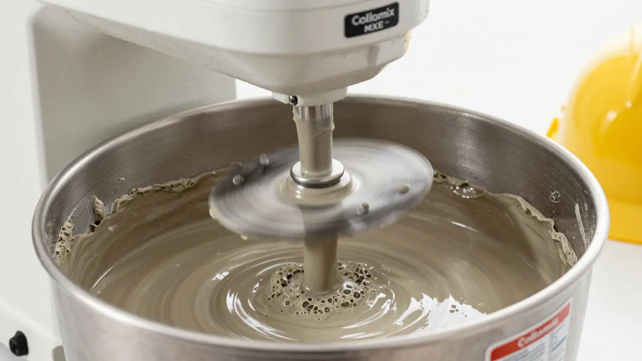 Nahaufnahme eines Rührwerks, das Fliesenkleber gleichmäßig und luftfrei mischt.