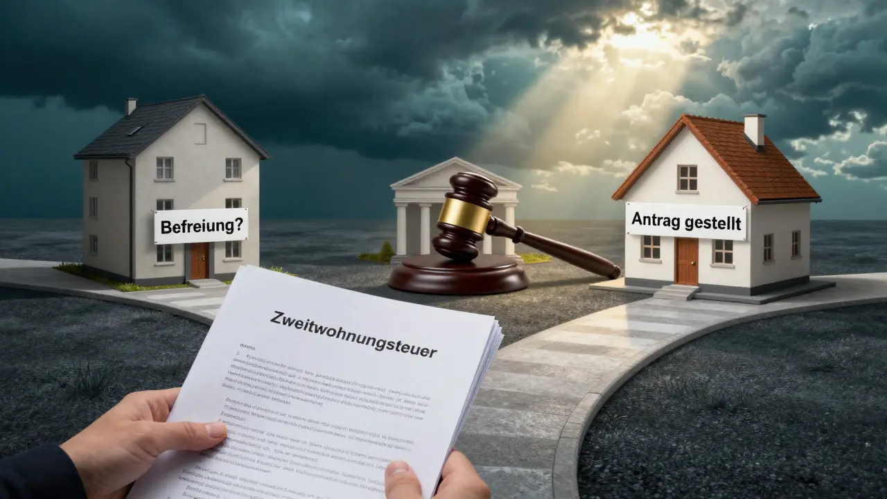 Person an einer Kreuzung mit drei Wegen: Befreiung, Gericht und Antrag stellen, Licht bricht durch Wolken.