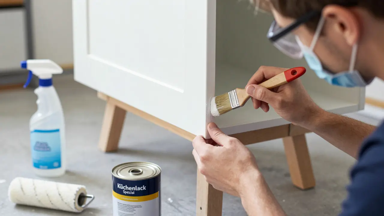 Person streicht mit Pinsel die Kante einer Küchentür in der Garage, Werkzeuge wie Grundierung und Schleifpapier liegen daneben.