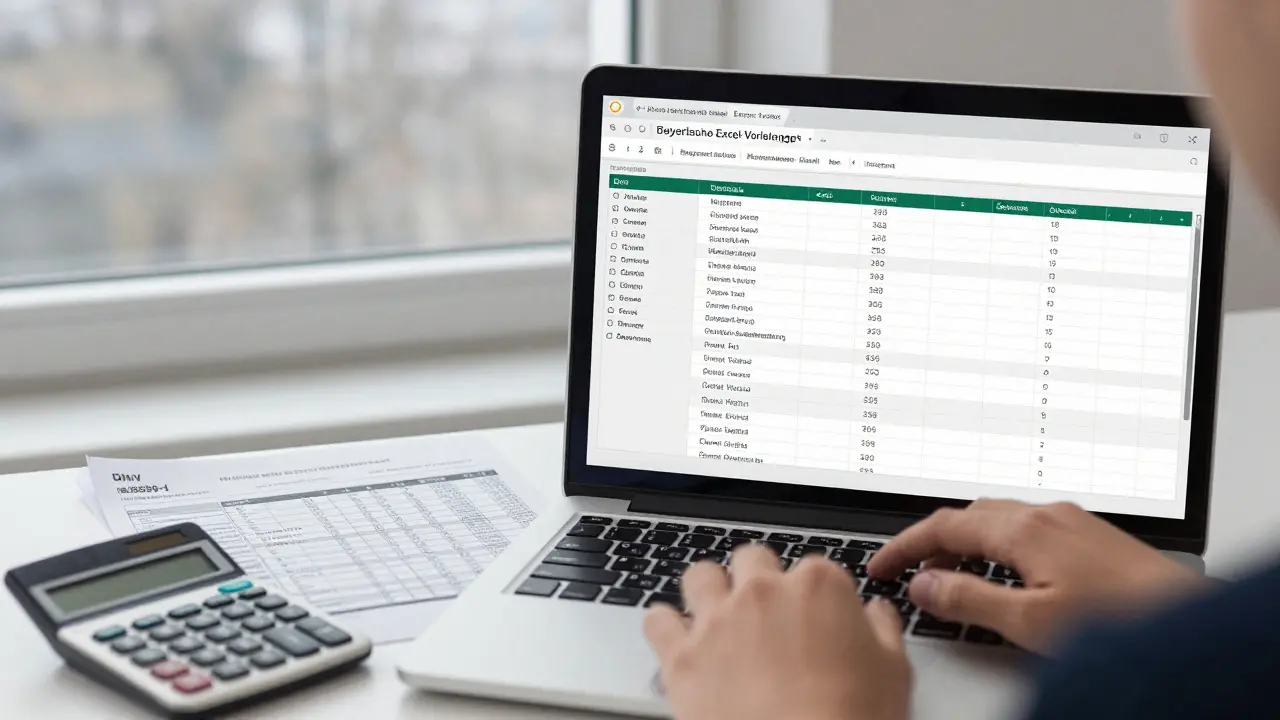 Professional using a detailed Excel spreadsheet for building energy calculations in an office setting.