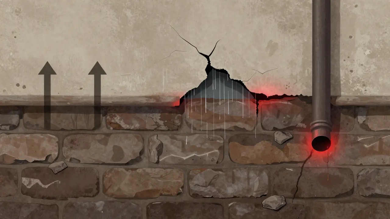 Querschnitt einer alten Mauer mit mehreren Feuchtigkeitsquellen: aufsteigende Feuchtigkeit, Regen und Kondensation.