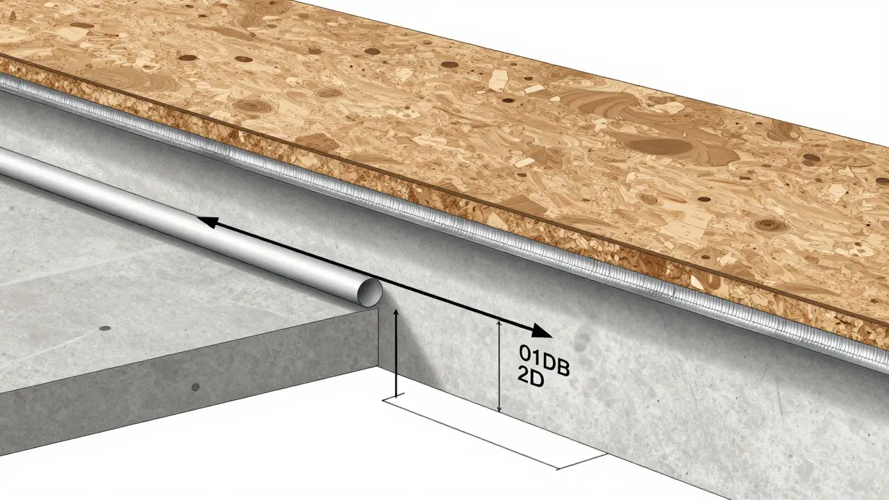 Querschnitt eines Fußbodens mit Korkdämmung, Dampfsperre und Klebeband, detailliert dargestellt mit Schalldämmungswerten und Schichten.
