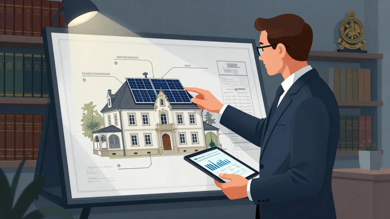 Sachverständiger analysiert einen Altbauplan mit Photovoltaik-Anlage und digitalem Tablet.