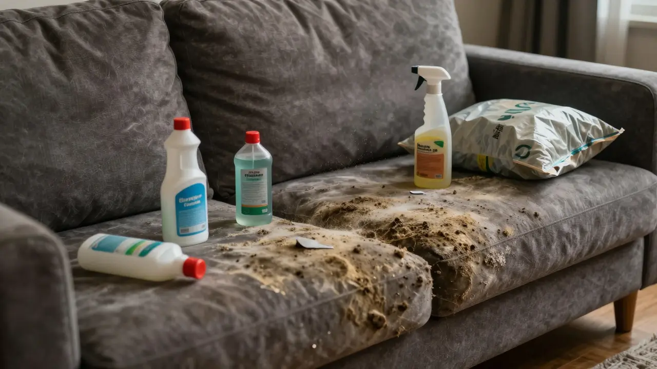 Schimmelbefallener Polstersofa mit über 100 cm² Befall, umgeben von Reinigungsmitteln und verschlossenem Müllsack.