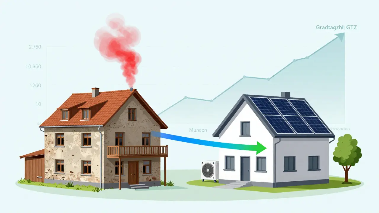 Split-image of an old drafty house versus a modern, energy-efficient home with green energy flow.