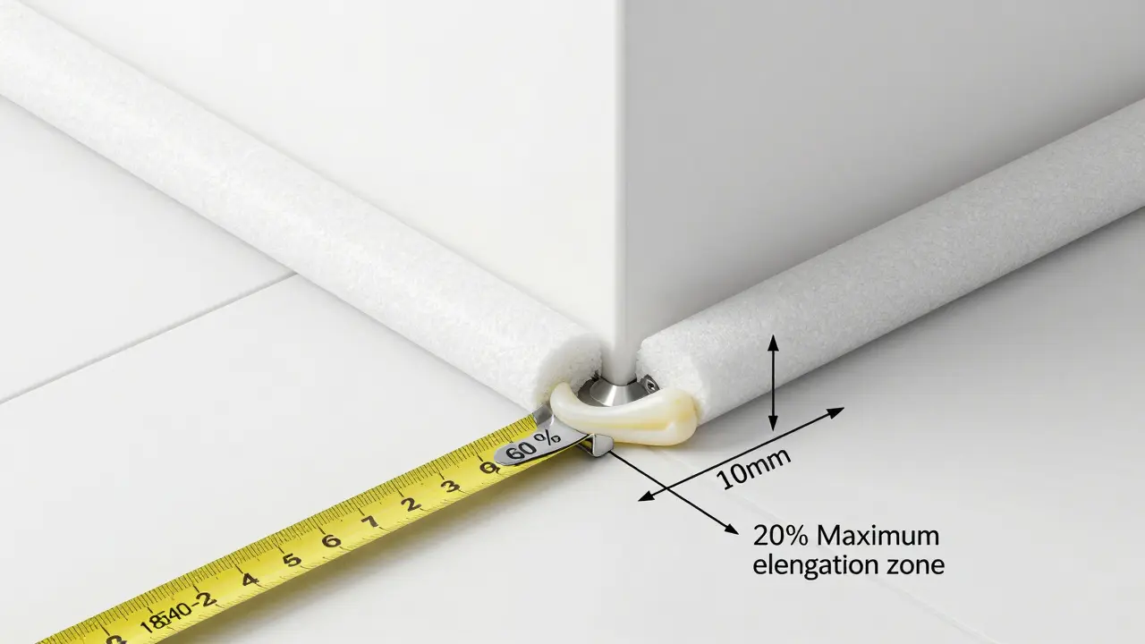 Technische Darstellung einer korrekt verfugten Fuge mit Hinterfüllschnur, perfektem Silikonstrang und DIN-Norm-Maßen.