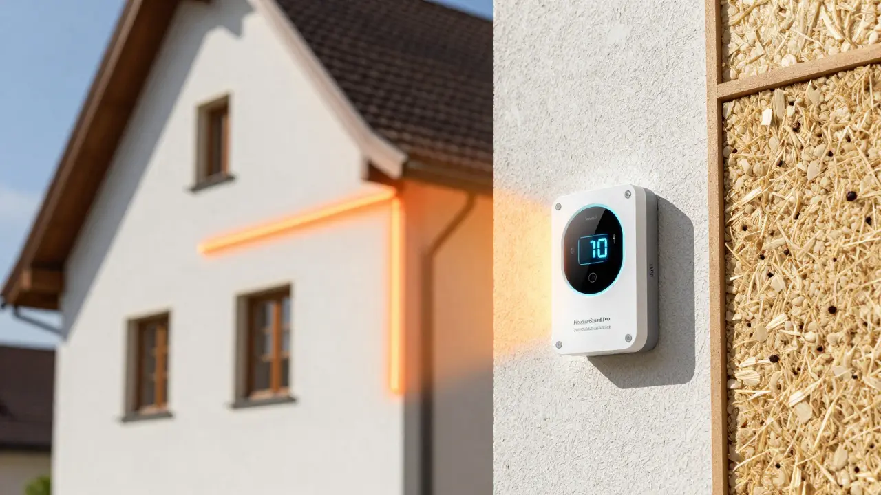 Thermografische Ansicht eines Altbaus mit Kältebrücken und modernem Feuchtigkeitssensor.