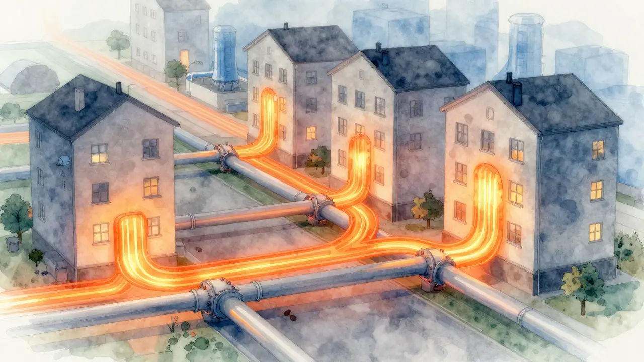 Untergeordnete Heizleitungen verbinden Wohngebäude
