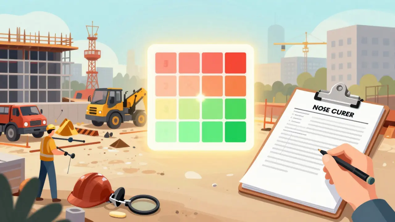 Vergleich einer chaotischen und einer gut geplanten Baustelle, unterstützt von einer Risikomatrix, die rote zu grünen Risiken verwandelt.