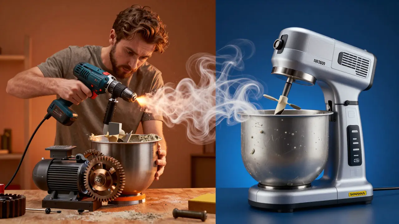 Vergleich: Überlastete Bohrmaschine links, professionelles Rührwerk mit Doppelrührstab rechts.