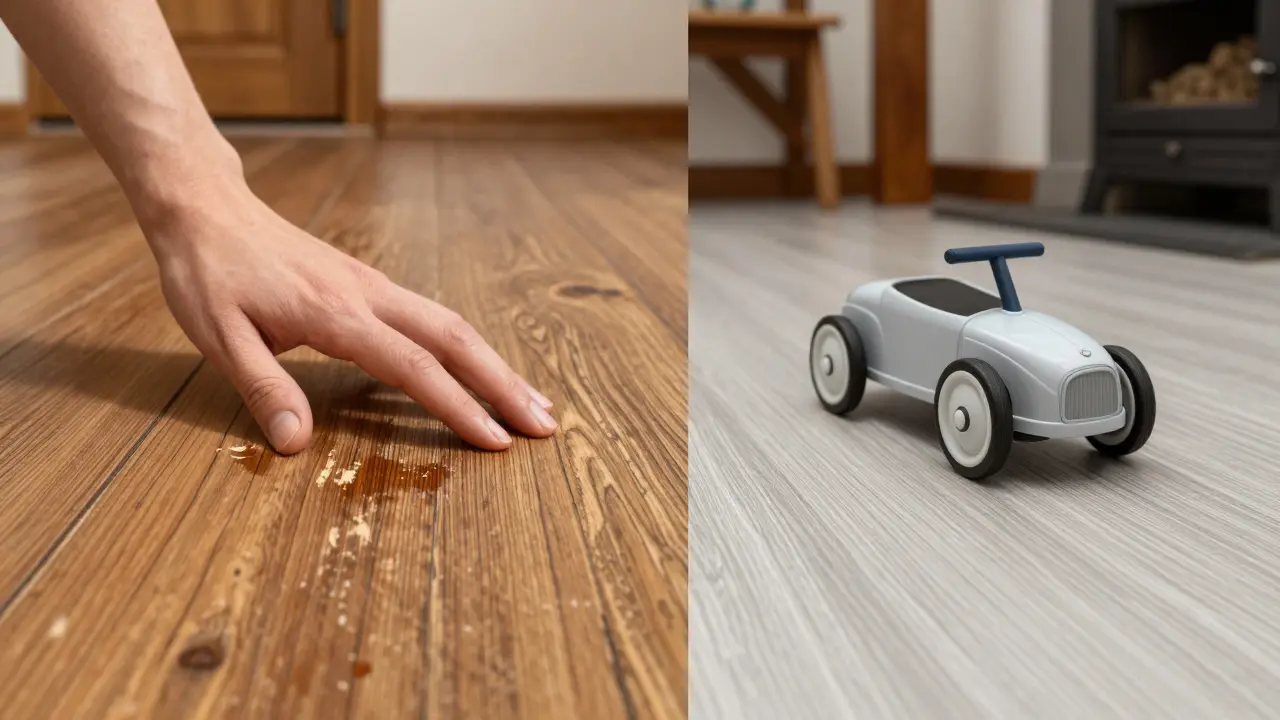 Vergleich von olierter Eiche mit charakteristischem Kratzer und Laminat mit Spielzeugwagen – keine Kratzer sichtbar, aber künstliche Oberfläche.