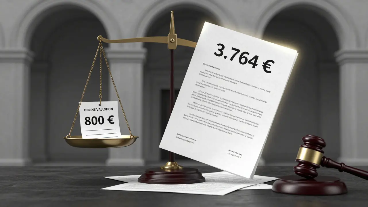 Waage mit billigem Online-Gutachten und teurem offiziellen Gutachten, letzteres schwerer.