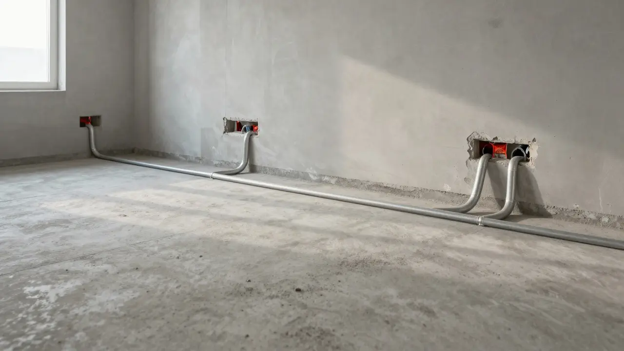 Wohnraum mit freiliegenden Rohren vor Abschlussarbeiten und Fliesenlegung.