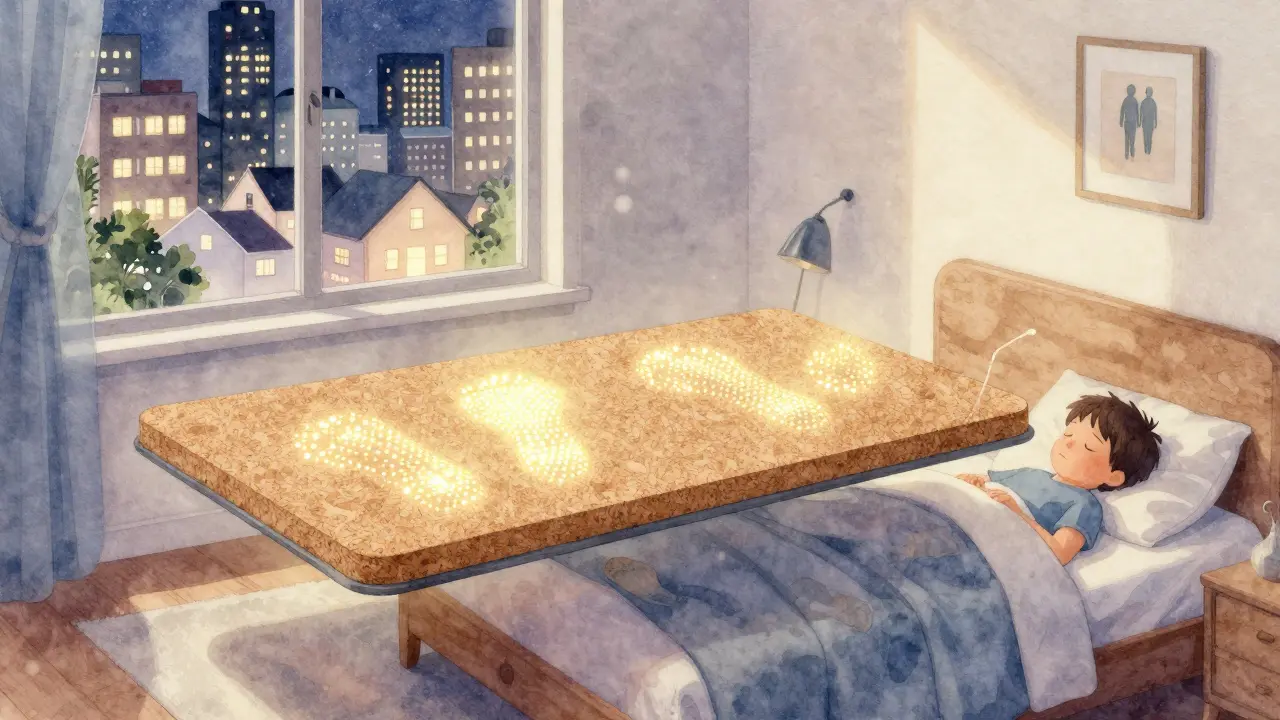 Zukünftige akustische Dämmung mit Sensoren, die Schritte absorbieren, während ein Kind ruhig schlägt — eine Vision für lautlose Wohnungen.