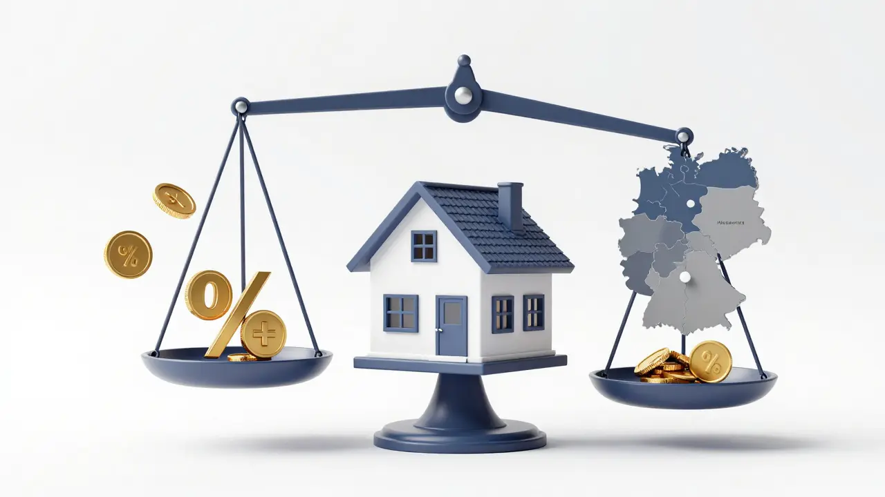 3D-Illustration eines Hauses auf einer Waage mit Finanzsymbolen zur Darstellung der Steuerberechnung.