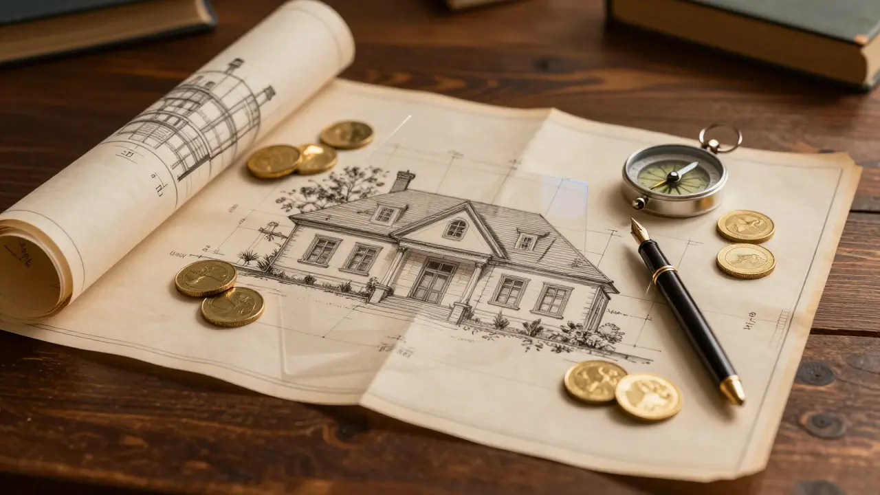 Architektonische Blaupausen eines historischen Hauses mit Goldmünzen als Symbol für Finanzierung.
