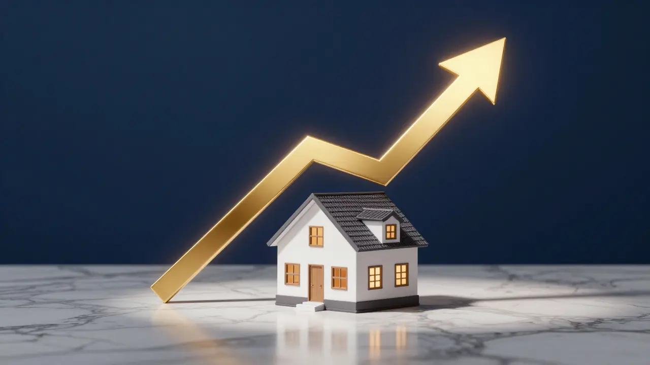 Architekturmodell eines Hauses mit einem goldenen Aufwärtspfeil für Preissteigerung