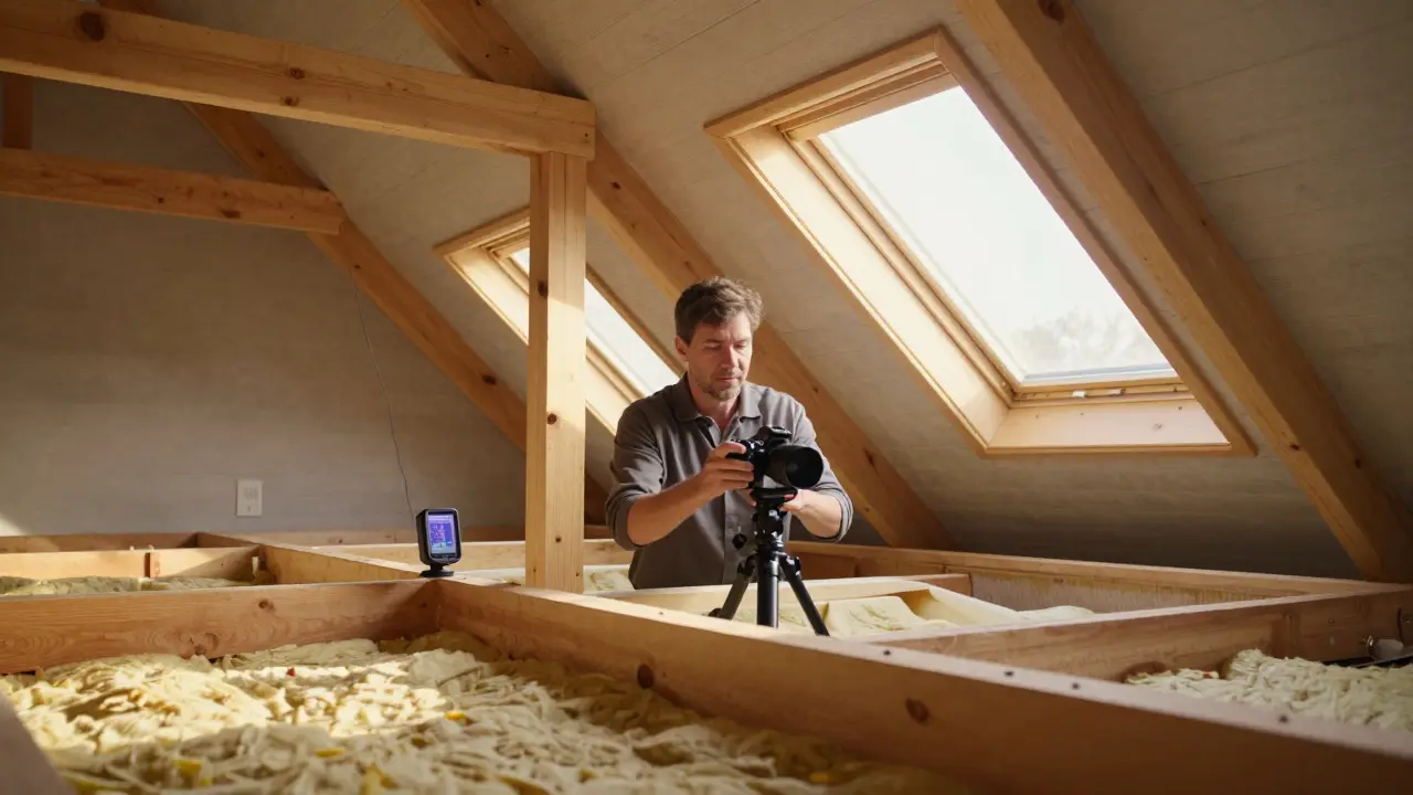 Baufachmann prüft Dachboden mit Thermografiekamera