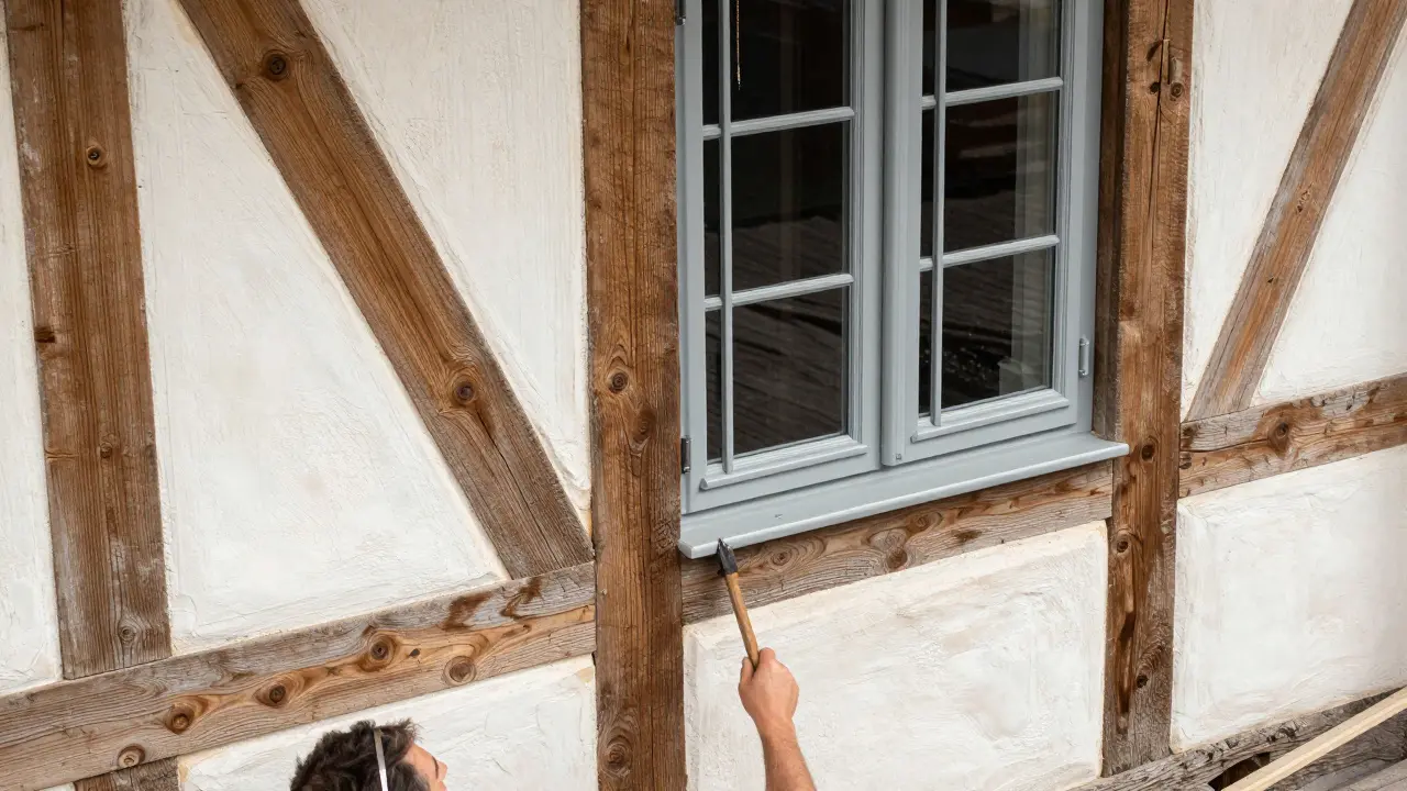 Detailansicht einer fachgerechten Sanierung eines historischen Fensters an einer Fachwerkwand.