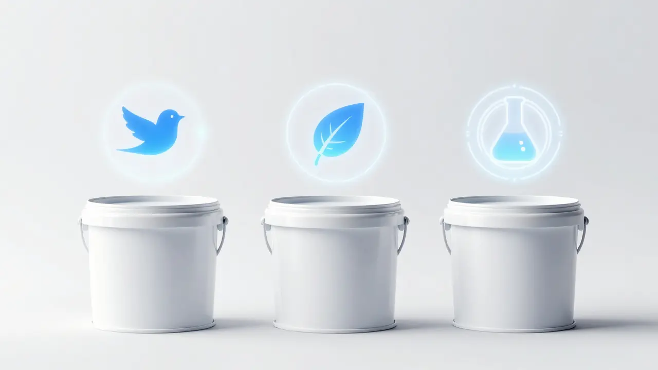 Drei Farbeimer mit darüber schwebenden symbolischen Hologrammen für Umweltzertifikate.