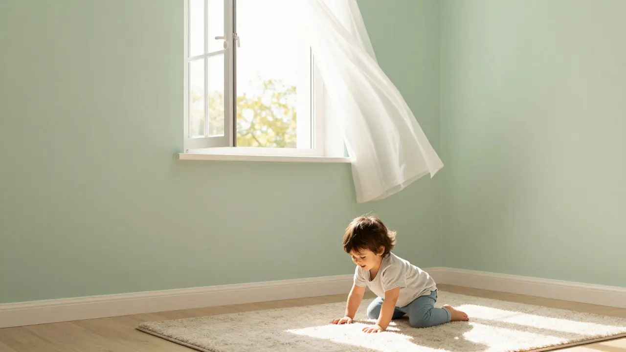 Ein gesundes Kinderzimmer mit frisch gestrichenen Wänden und einem offenen Fenster für frische Luft.