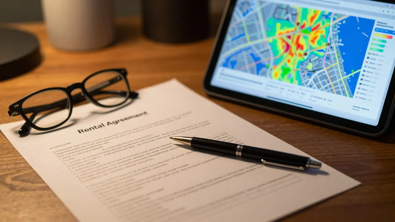 Ein Mietvertrag und ein digitaler Mietspiegel auf einem professionellen Schreibtisch.