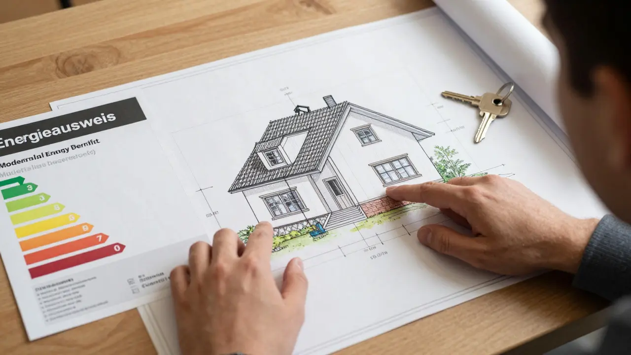 Ein technischer Grundriss eines Hauses mit einem Energieausweis und Schlüsseln auf einem Tisch.