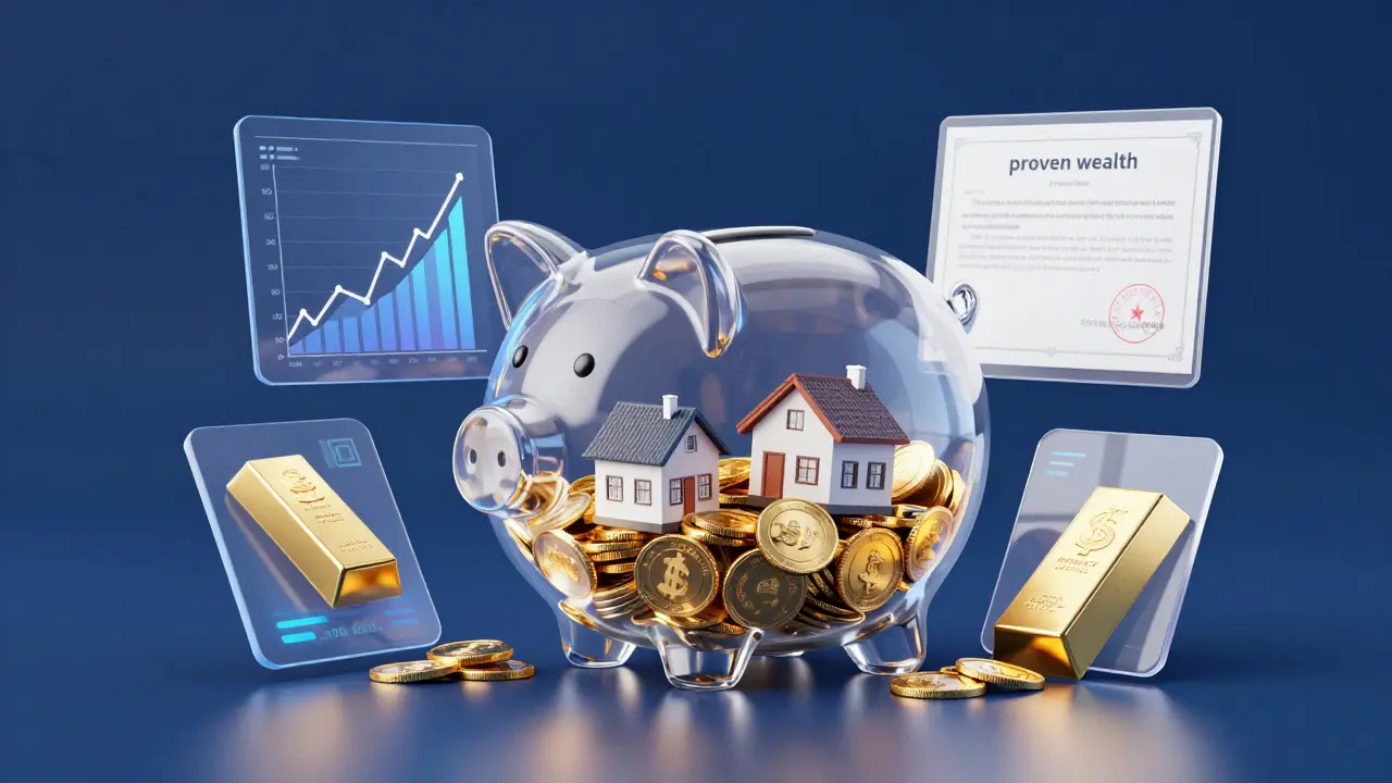 Eine gläserne Spardose mit Goldmünzen und holografischen Finanzsymbolen.