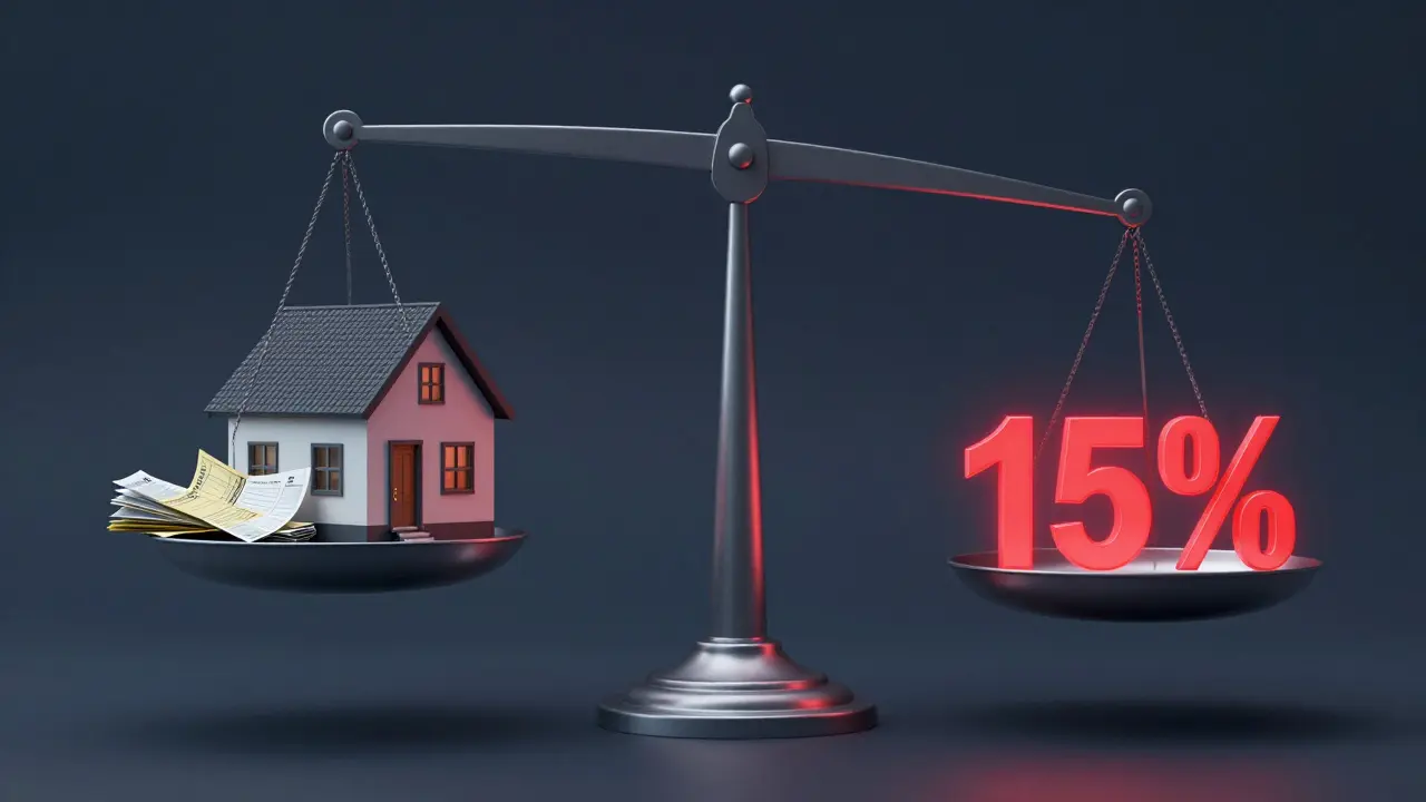 Eine Waage, die ein Haus gegen Sanierungskosten abwägt, um die 15-Prozent-Grenze zu symbolisieren.