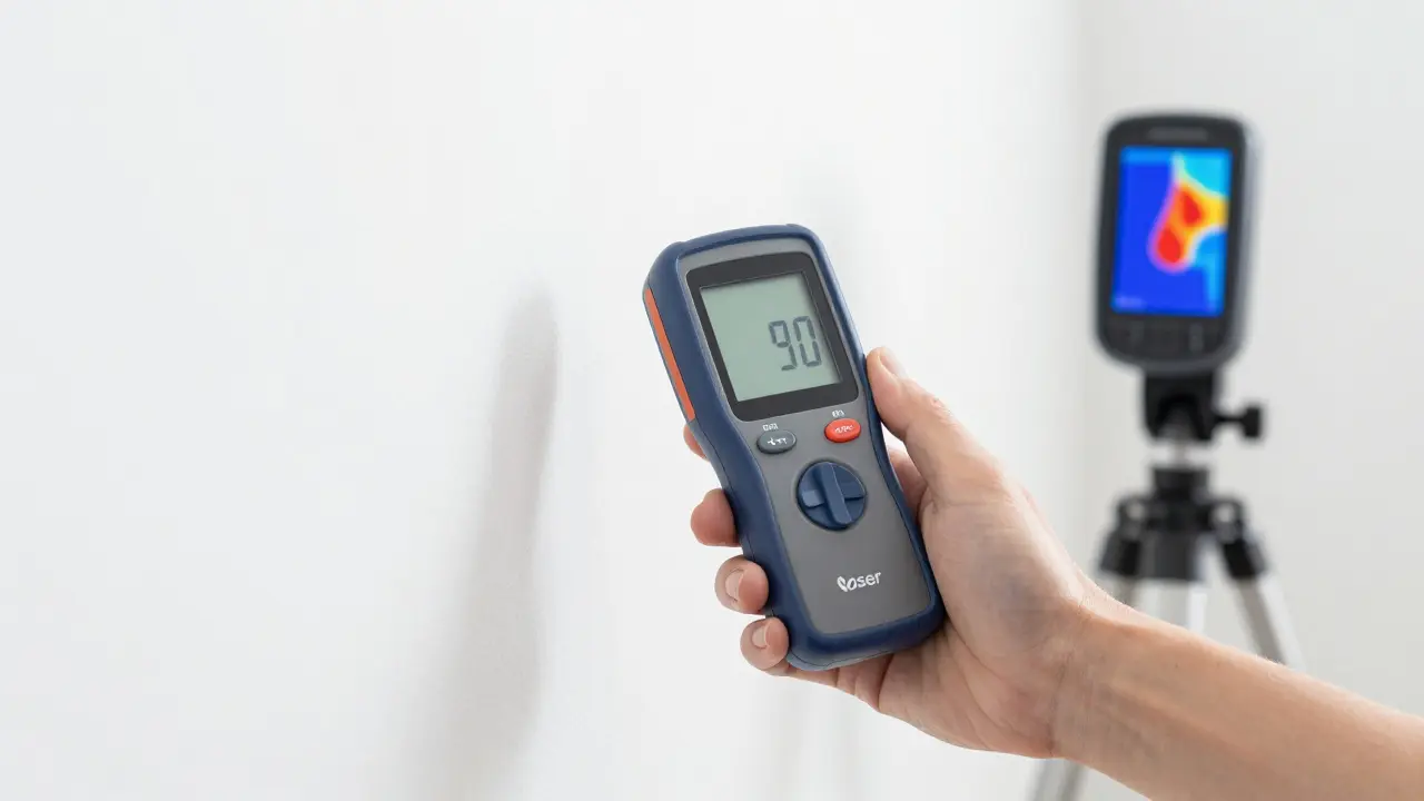 Einsatz eines digitalen Feuchtigkeitsmessgeräts zur Analyse einer Wand.