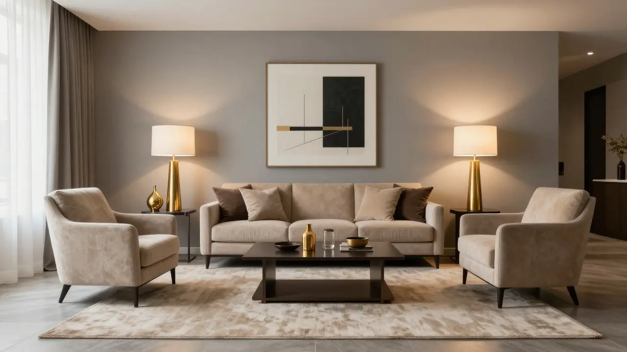 Elegant gestaltetes Wohnzimmer in Grau, Beige und Akzenten in Mocha Mousse und Gold.