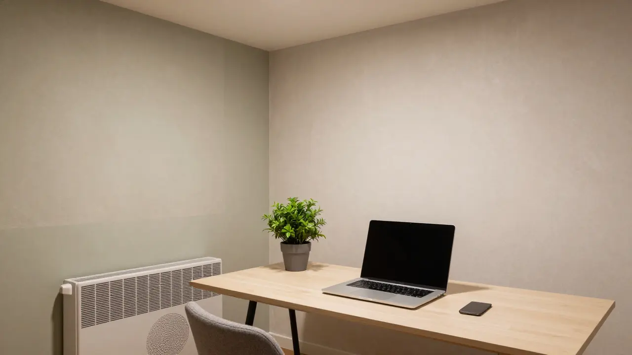 Gemütliches, gesundes Kellerbüro mit diffusionsoffenen Wänden und warmer Atmosphäre.