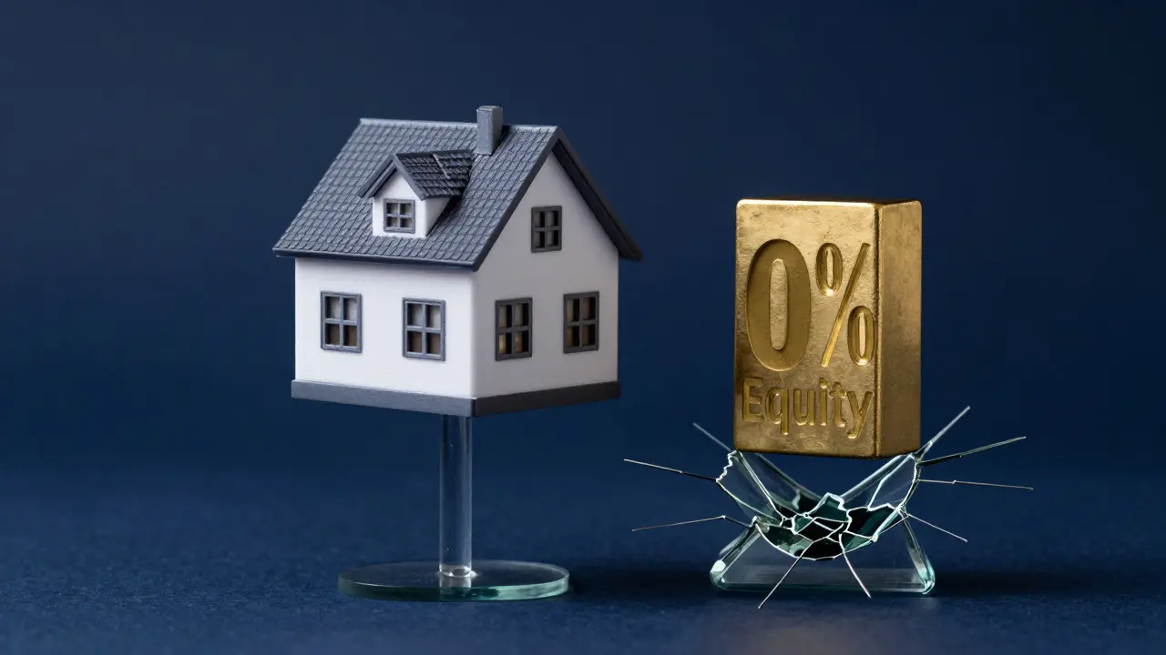 Hausmodell auf einer zerbrechlichen Glasstütze, das finanzielle Instabilität symbolisiert.