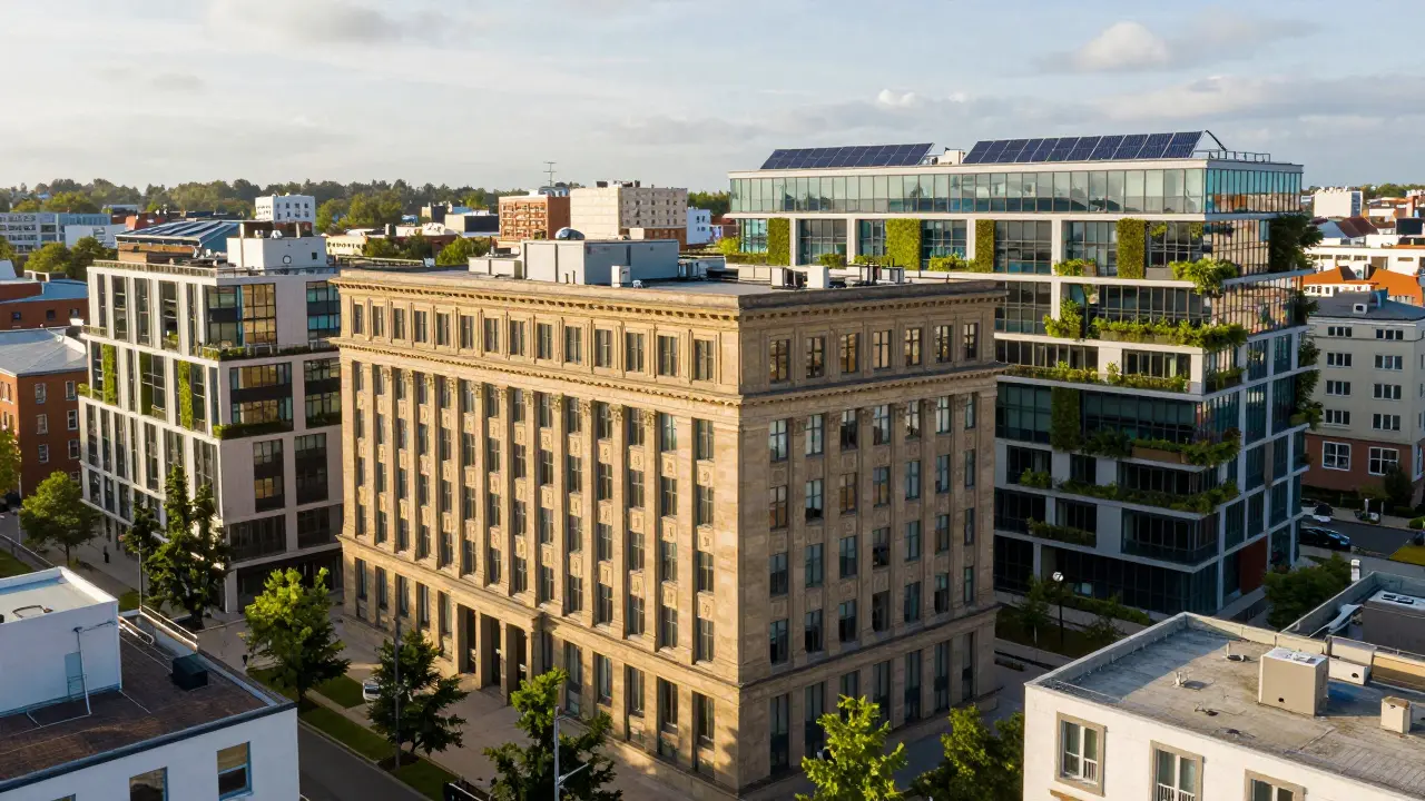 Kollage aus verschiedenen Immobilienprojekten, inklusive eines sanierten Bürogebäudes und grüner Architektur.