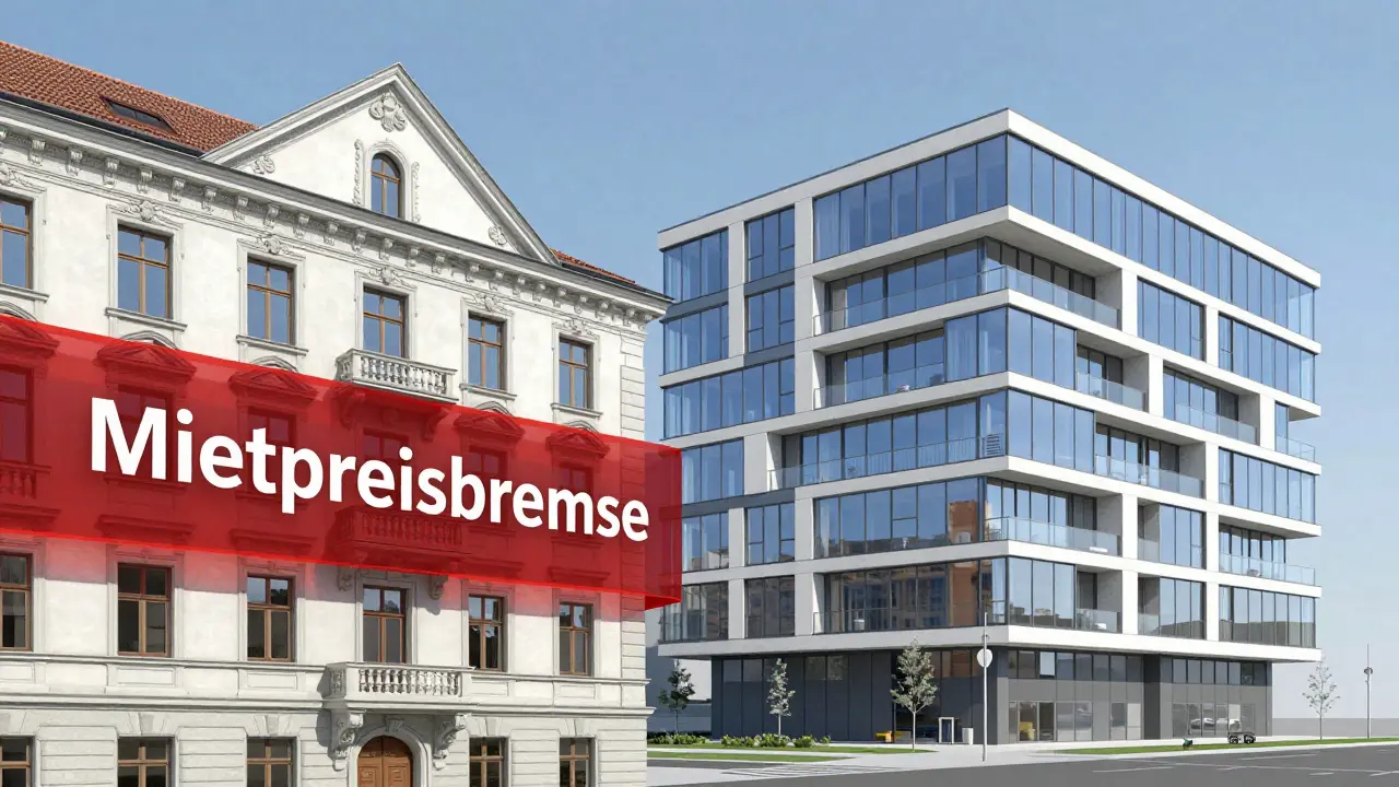 Kontrast zwischen einem klassischen Altbau mit symbolischer Bremse und einem modernen Neubau.