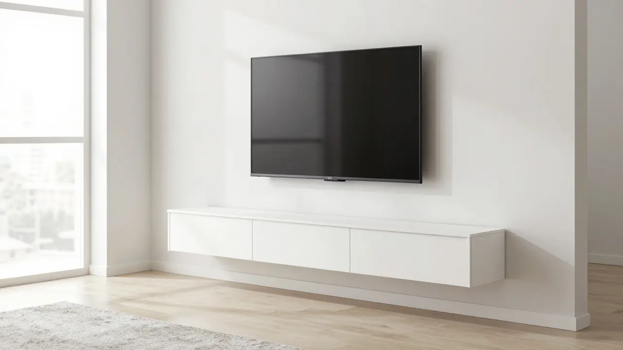 Minimalistisches Wohnzimmer mit schwebendem Lowboard und ordentlicher, kabelloser TV-Wandmontage.