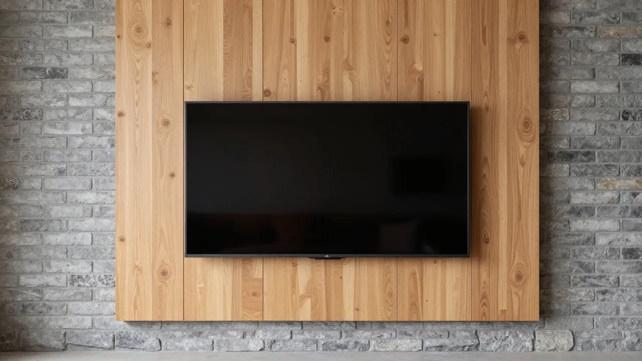 Moderne TV-Wandgestaltung mit einer Kombination aus Eichenholz-Paneelen und Sichtziegeln.