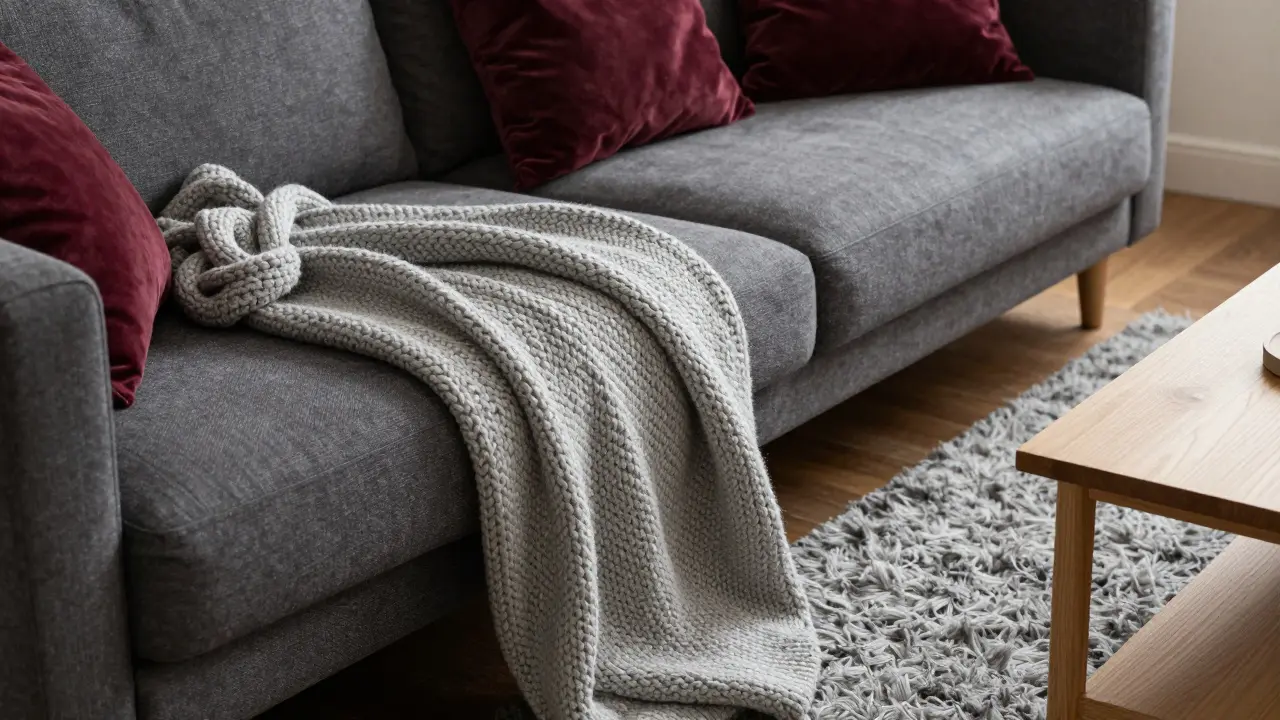 Nahaufnahme eines anthrazitfarbenen Sofas mit grauer Wolldecke und weinroten Kissen.