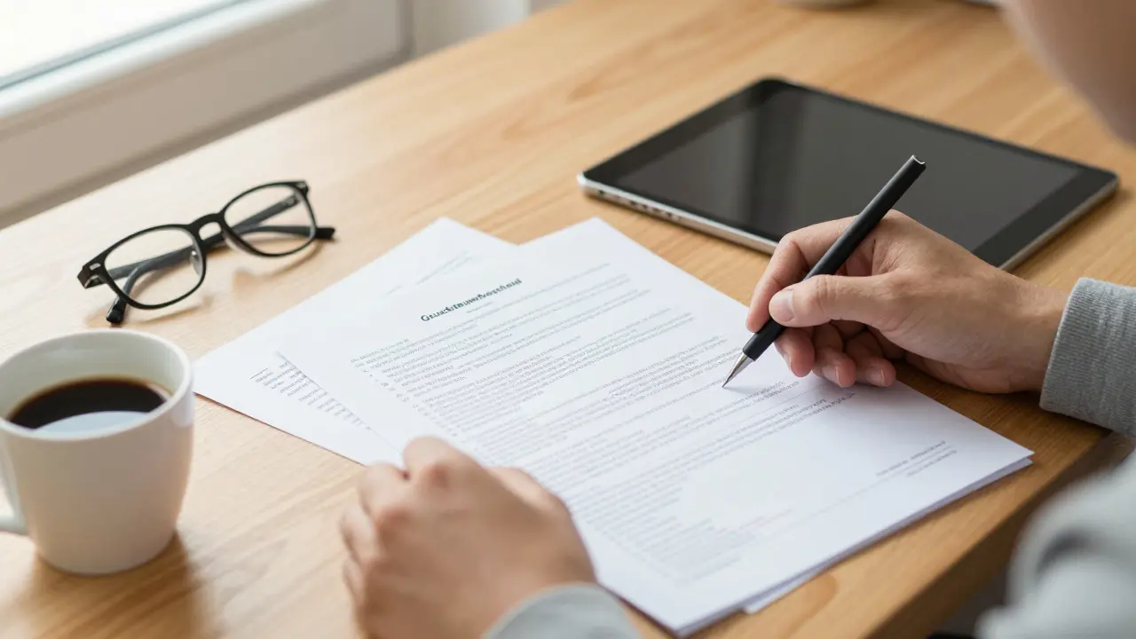 Nahaufnahme von Händen, die Steuerunterlagen an einem Schreibtisch prüfen.