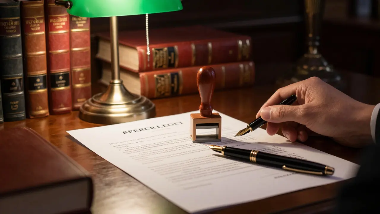 Notarstempel und Vertrag in einem klassischen Büro zur Symbolisierung der Rechtskraft