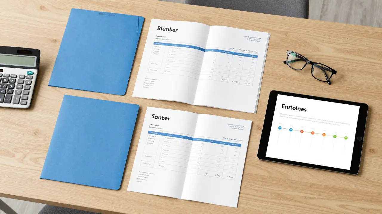 Organisierte Handwerkerrechnungen und ein Zeitplan zur strategischen Steuerplanung auf einem Schreibtisch.