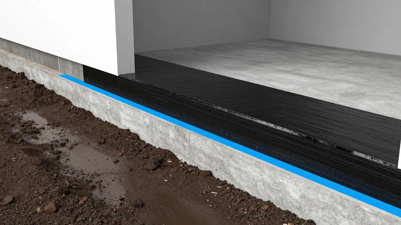 Querschnitt einer Kellerwand mit professioneller Außenabdichtung gegen Feuchtigkeit.