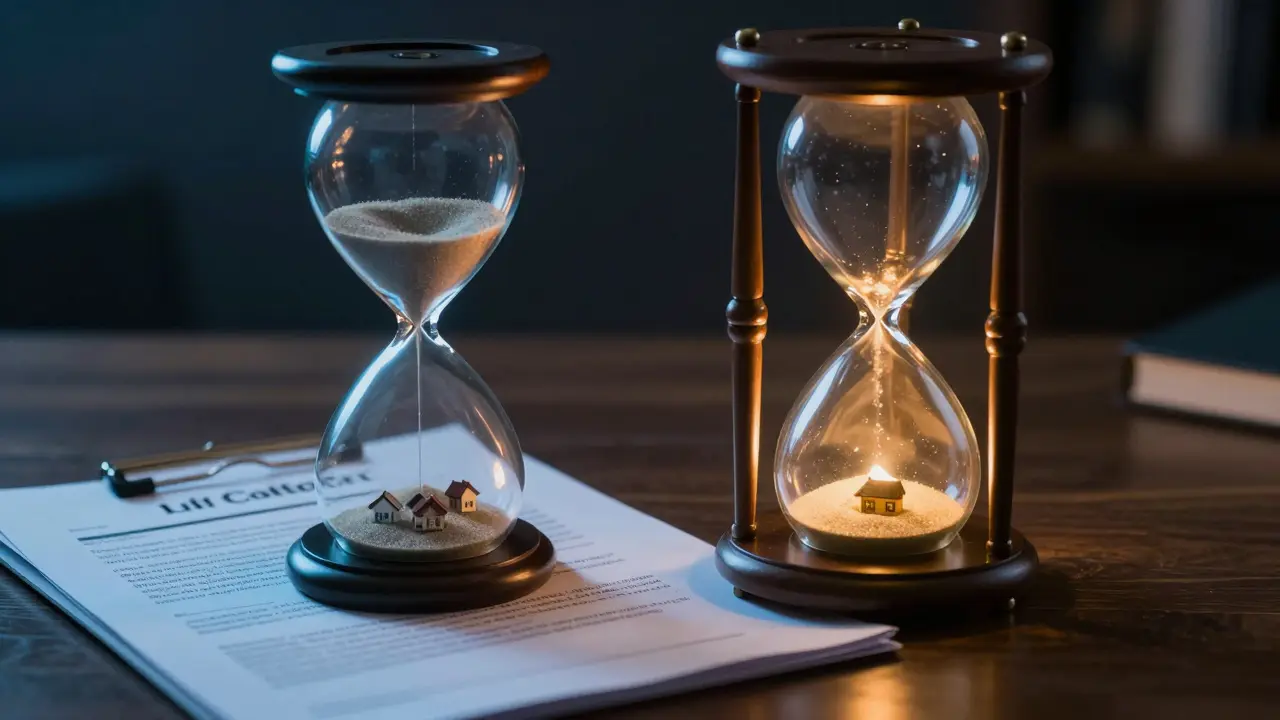 Sanduhr mit Häusern als Symbol für die Widerrufsfrist bei Immobilienmaklern